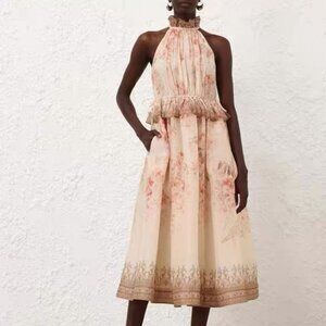 Zimmermann Size 1 Pink Floral Halter Midi Dress (Side Drawstrings)